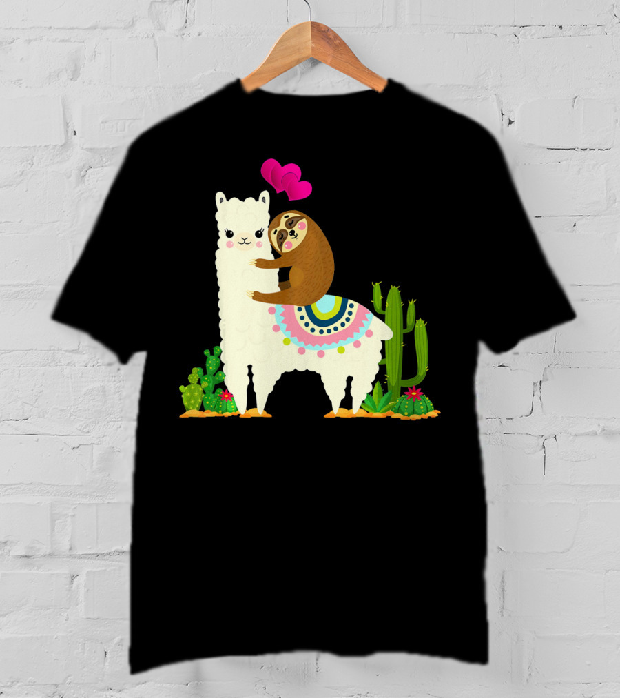 Sloth Riding Llama With Pink Hearts And Cactus Funny Valentin T-Shirt