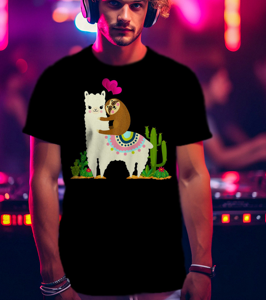 Sloth Riding Llama With Pink Hearts And Cactus Funny Valentin T-Shirt