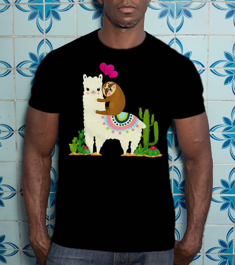 Sloth Riding Llama With Pink Hearts And Cactus Funny Valentin T-Shirt