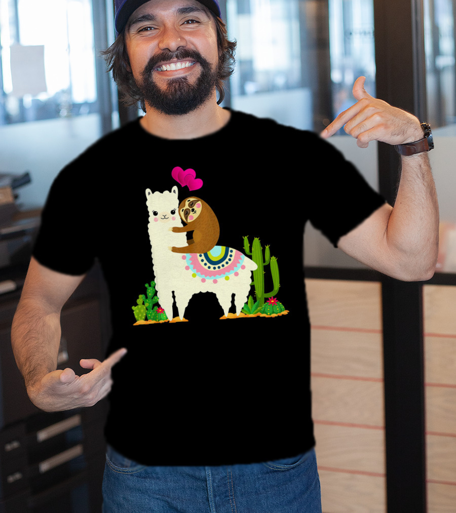 Sloth Riding Llama With Pink Hearts And Cactus Funny Valentin T-Shirt