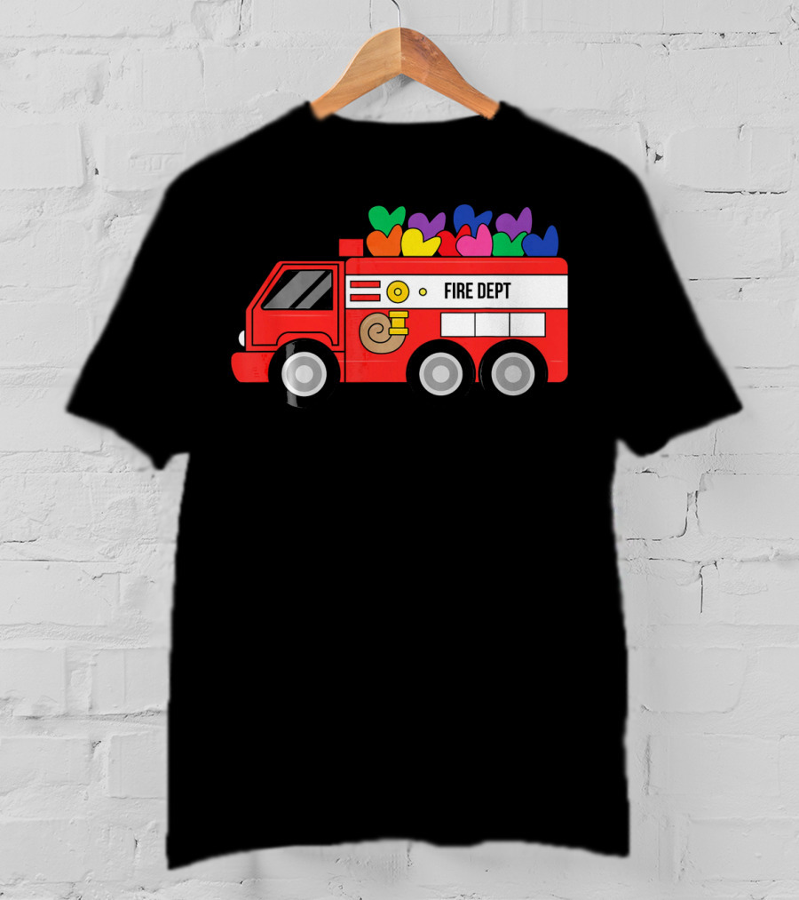 Fire Dept Valentine Hearts Sloth Fire Truck T-Shirt