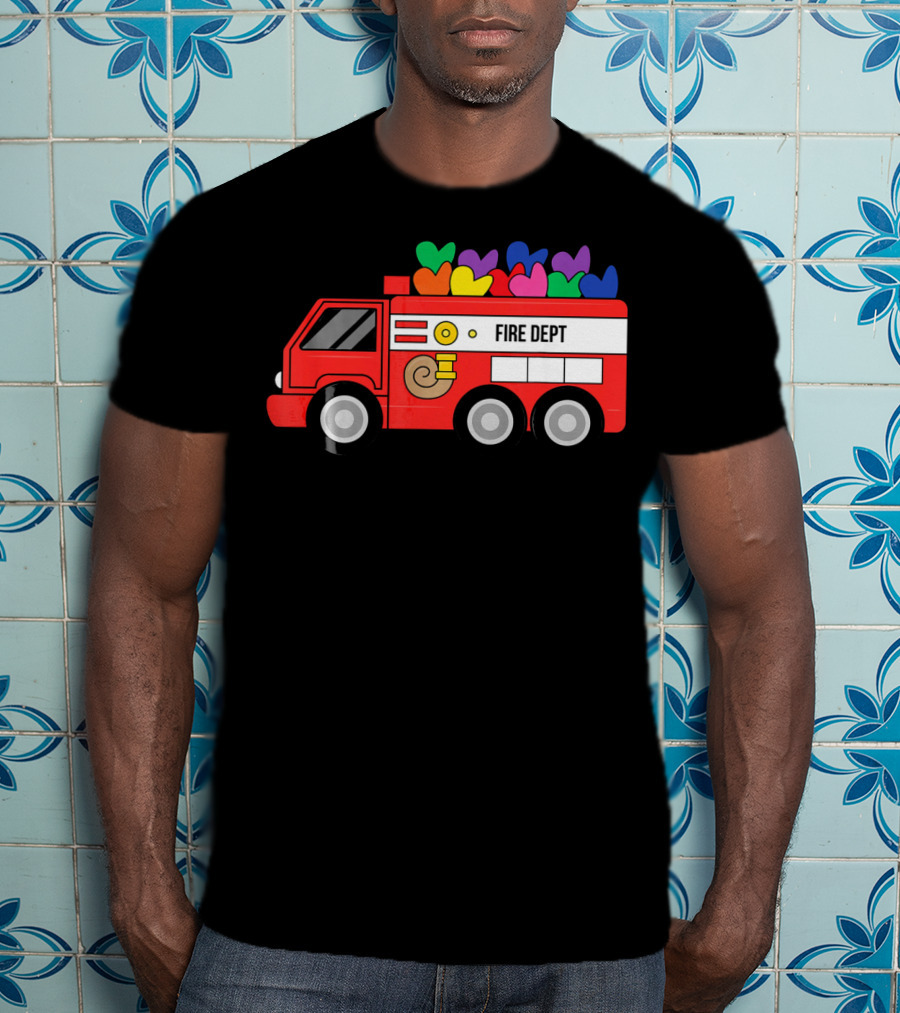 Fire Dept Valentine Hearts Sloth Fire Truck T-Shirt