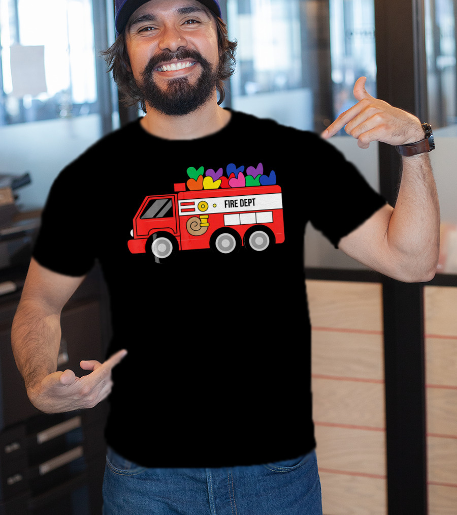 Fire Dept Valentine Hearts Sloth Fire Truck T-Shirt