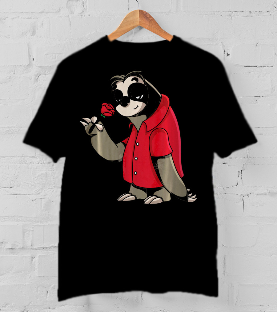 Romantic Sloth Valentine With Red Rose T-Shirt