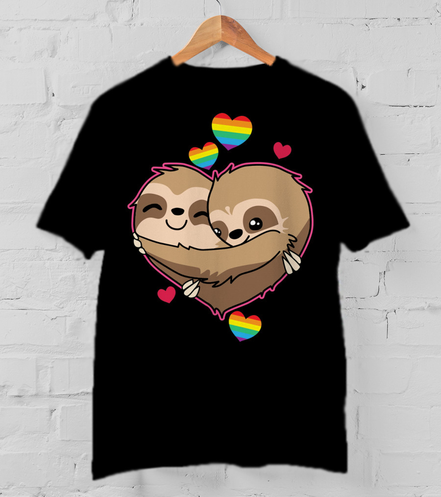 Valentines Day Sloth Heart With Rainbow Hearts T-Shirt