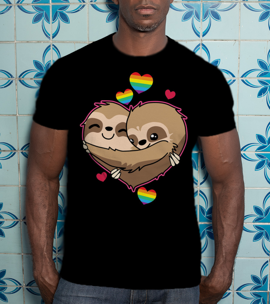 Valentines Day Sloth Heart With Rainbow Hearts T-Shirt