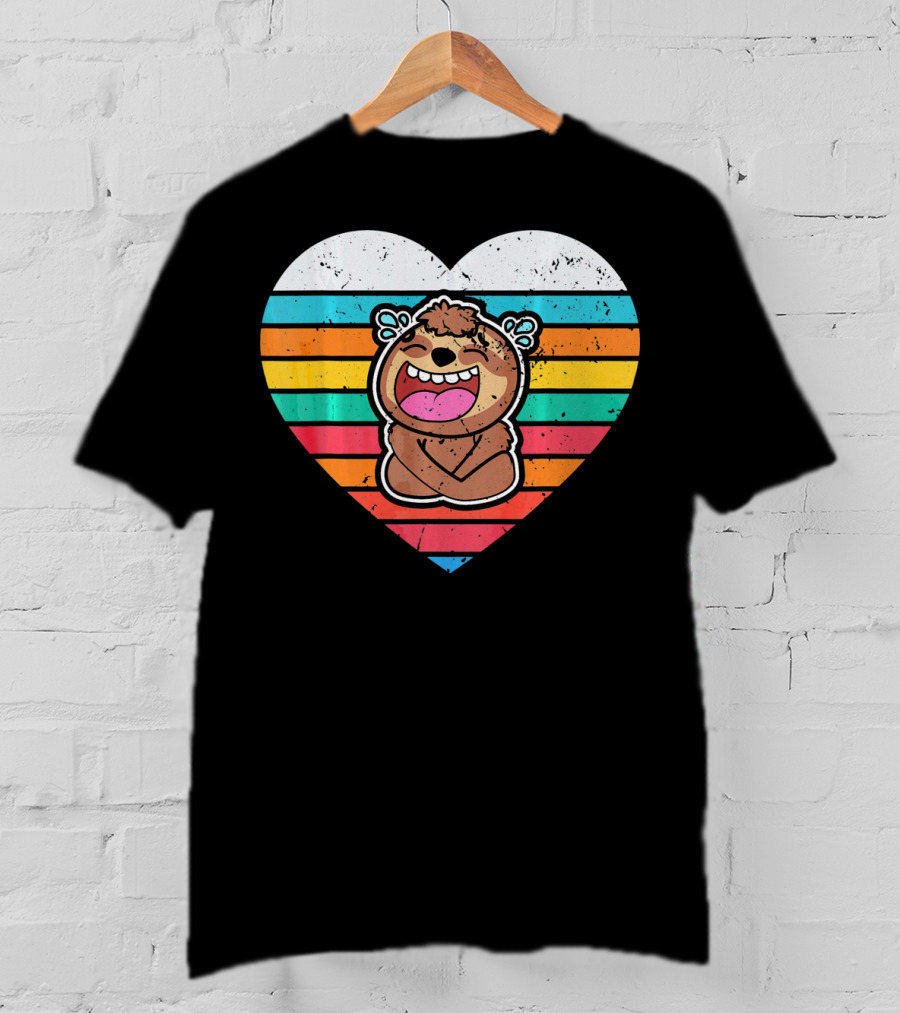 Retro Striped Laughing Sloth Heart Valentine's Day T-Shirt