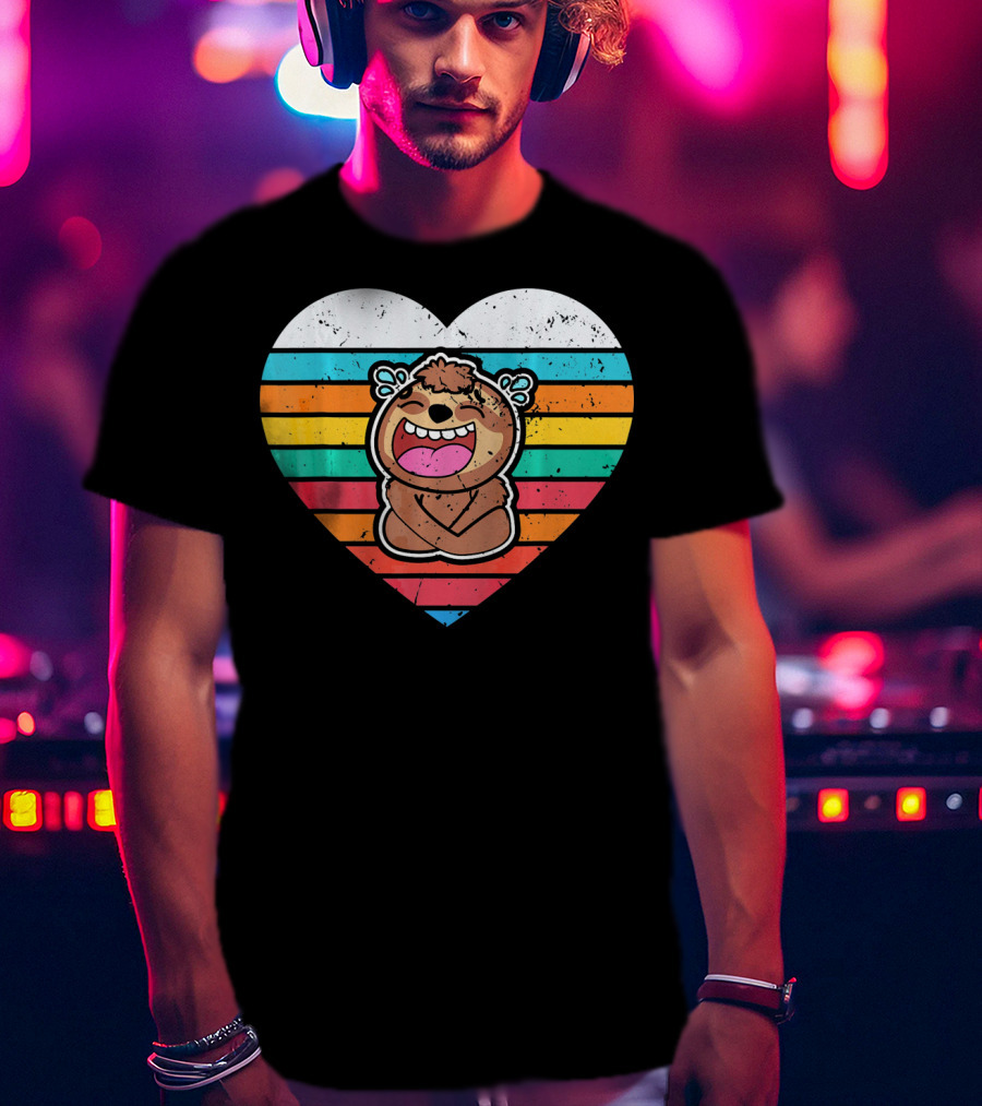 Retro Striped Laughing Sloth Heart Valentine's Day T-Shirt