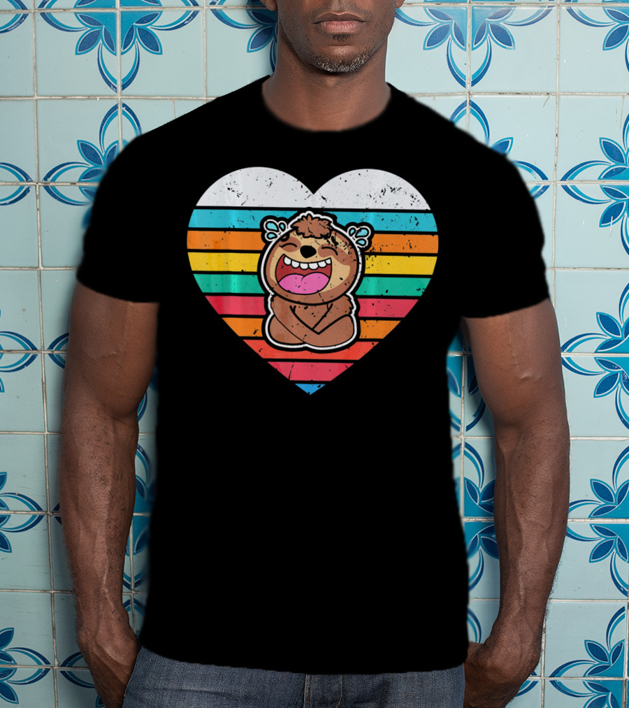 Retro Striped Laughing Sloth Heart Valentine's Day T-Shirt