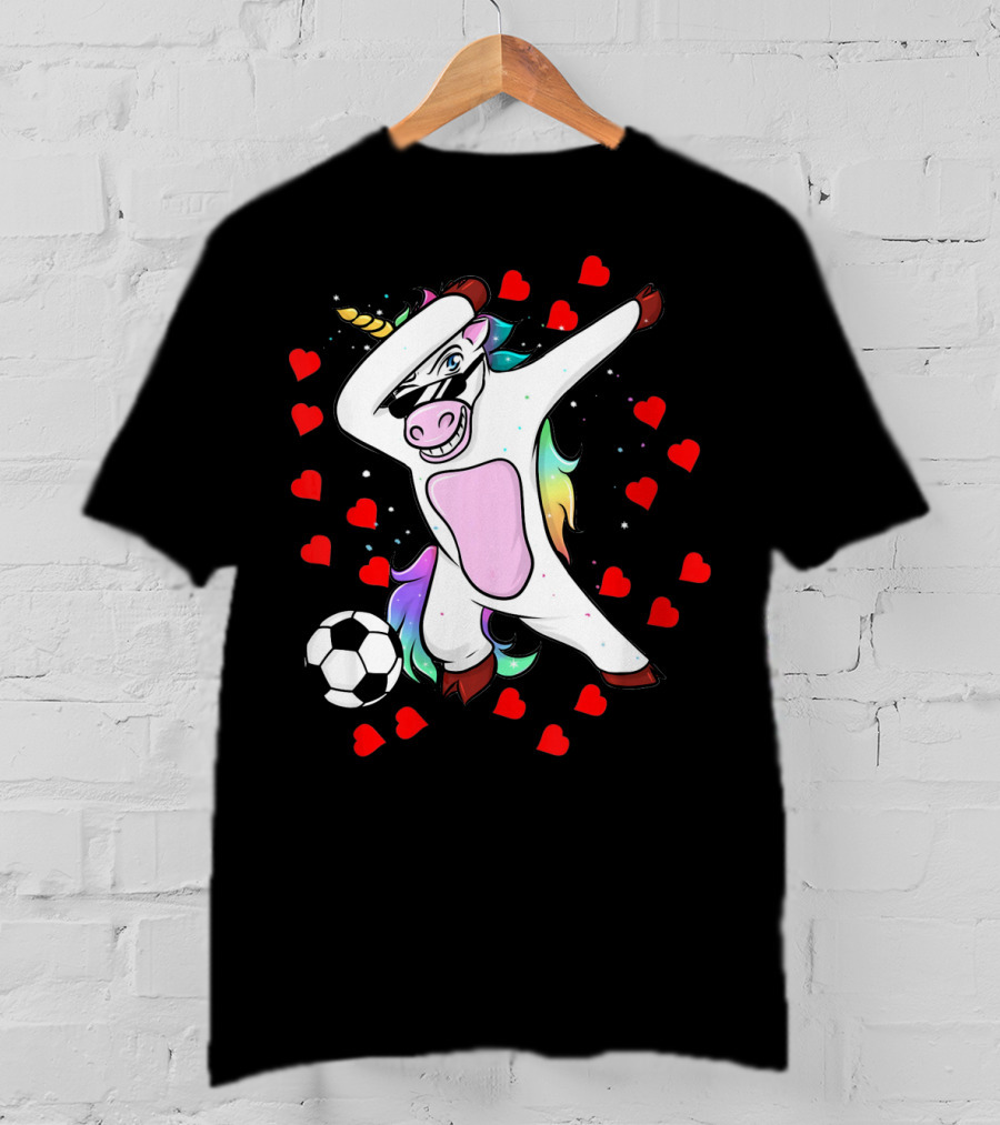 Soccer Is My Valentine Unicorn Dabbing Surrounded By Hearts T-Shirt