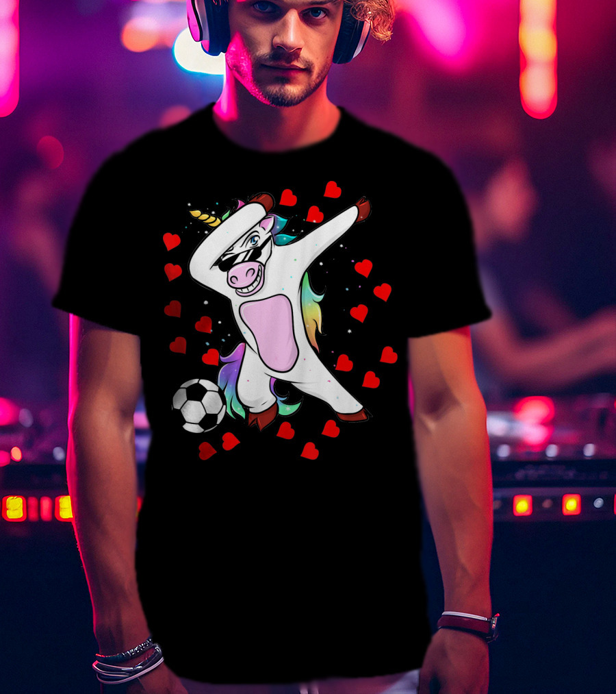 Soccer Is My Valentine Unicorn Dabbing Surrounded By Hearts T-Shirt