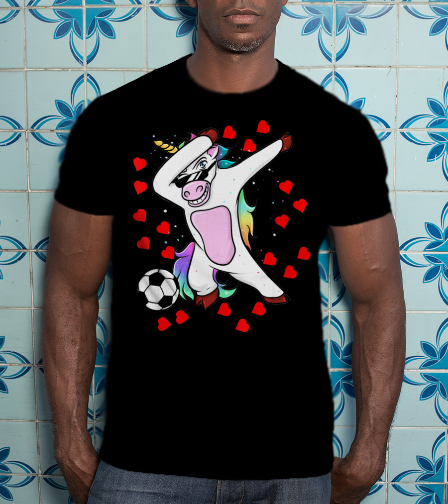 Soccer Is My Valentine Unicorn Dabbing Surrounded By Hearts T-Shirt