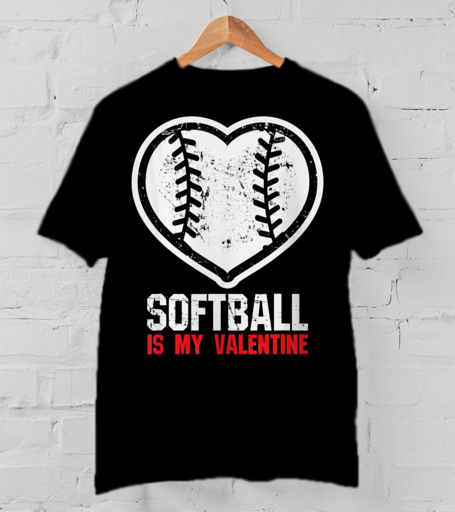 Softball Is My Valentine Heartball Stitching T-Shirt