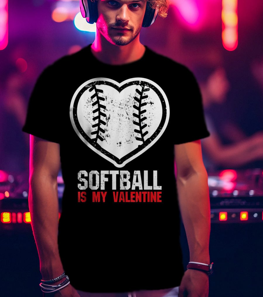 Softball Is My Valentine Heartball Stitching T-Shirt