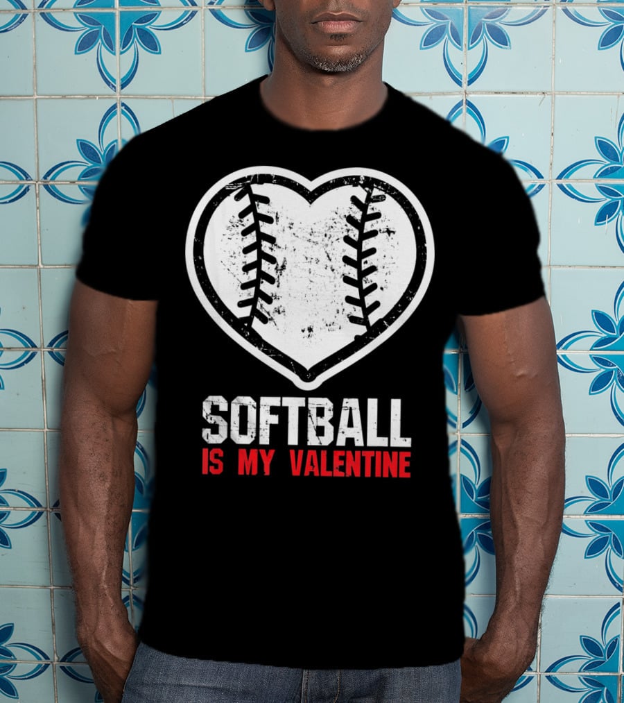 Softball Is My Valentine Heartball Stitching T-Shirt