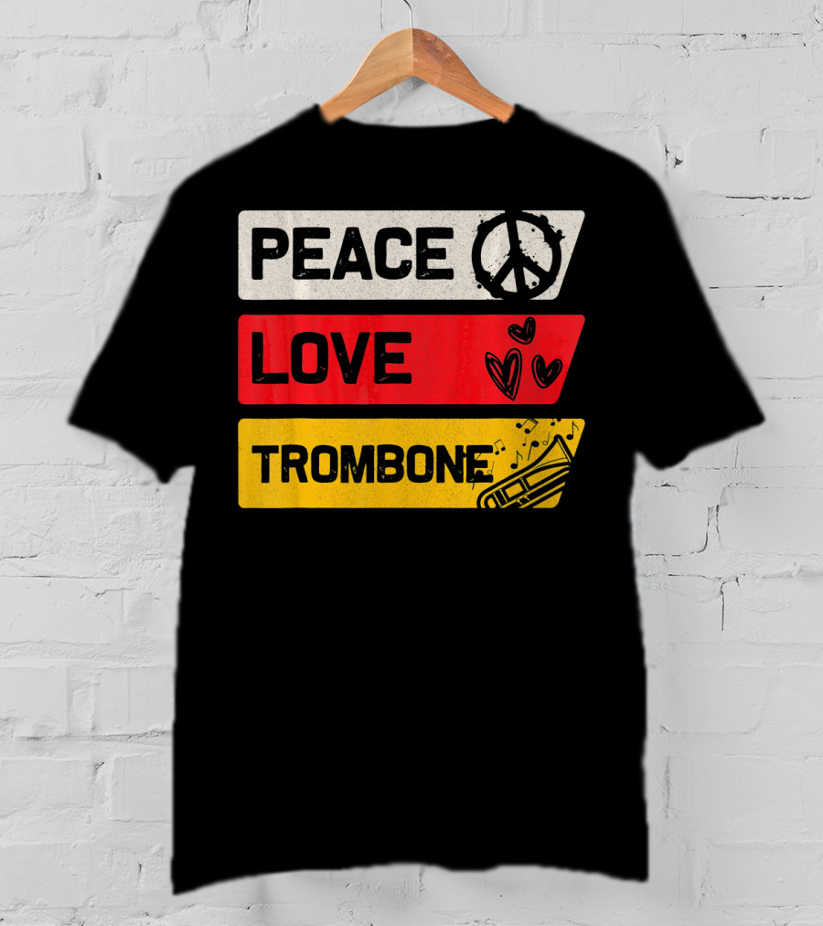 Peace Sign Love Heart Trombone Music Symbols T-Shirt