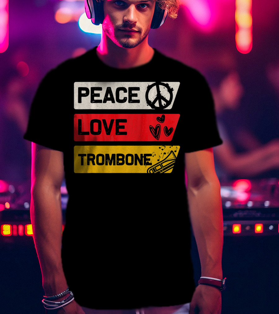 Peace Sign Love Heart Trombone Music Symbols T-Shirt