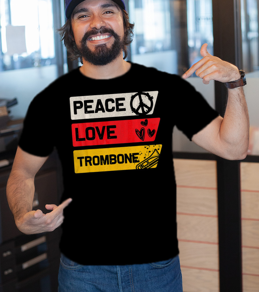 Peace Sign Love Heart Trombone Music Symbols T-Shirt