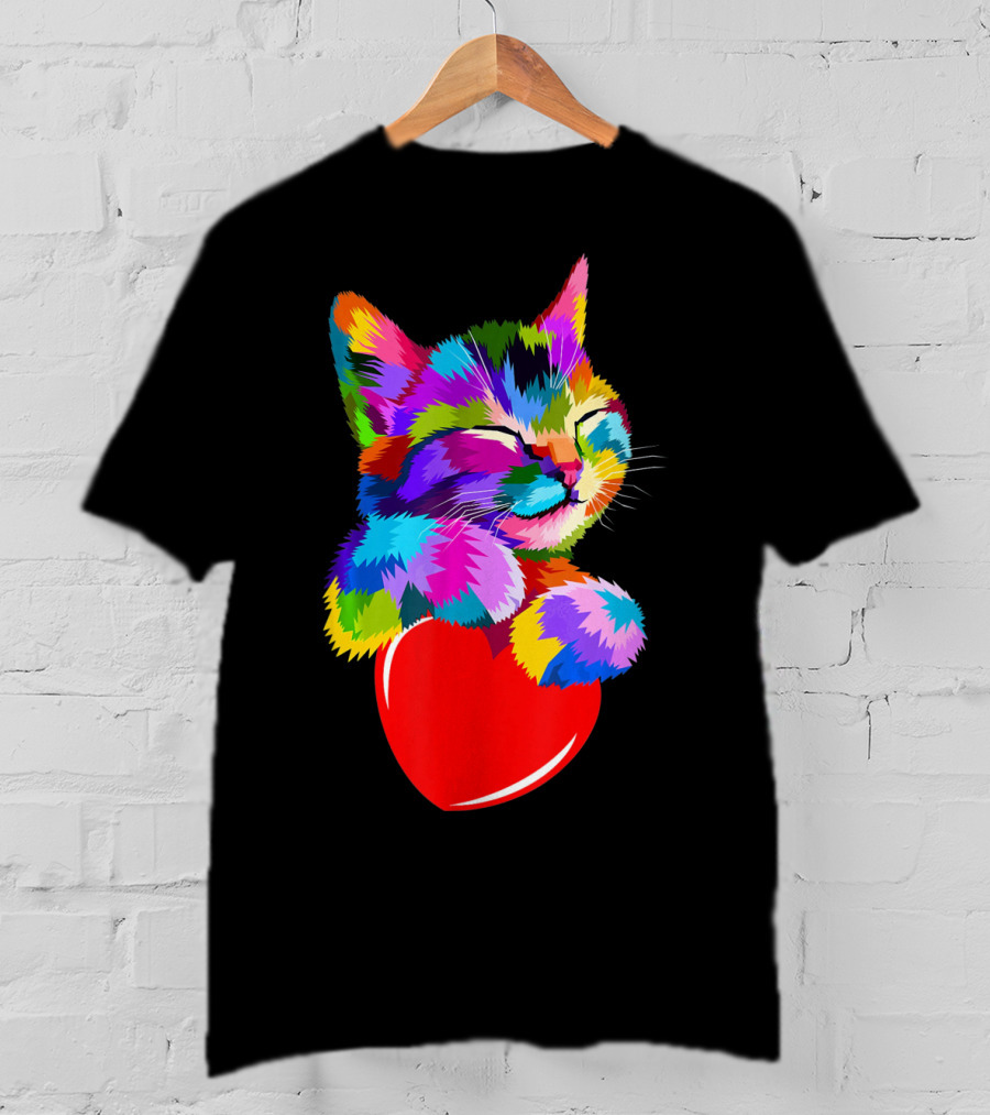 This Valentines My Cat Holds My Heart Colorful Kitten With Red Heart T-Shirt