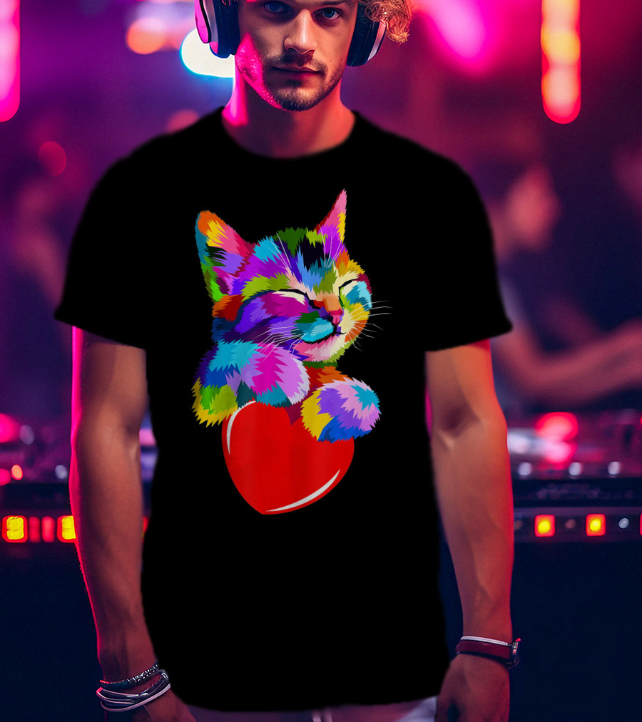 This Valentines My Cat Holds My Heart Colorful Kitten With Red Heart T-Shirt