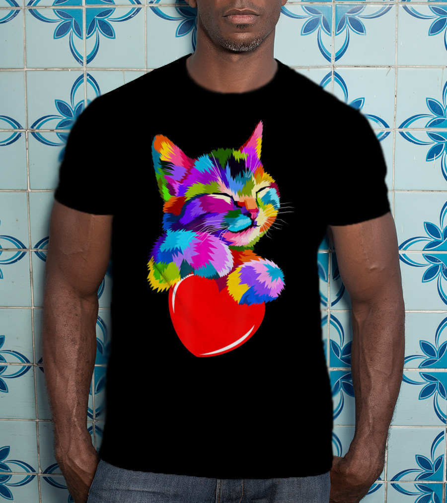 This Valentines My Cat Holds My Heart Colorful Kitten With Red Heart T-Shirt