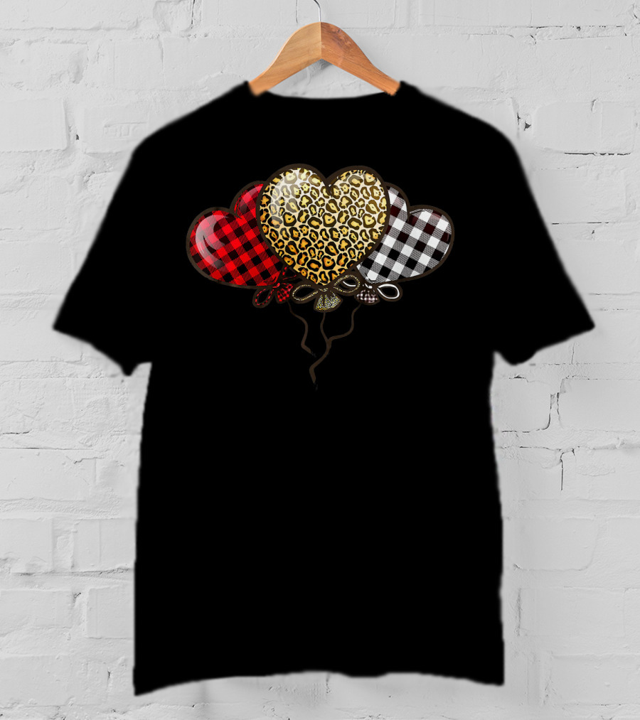 Three Balloons Hearts Buffalo Plaid Leopard T-Shirt