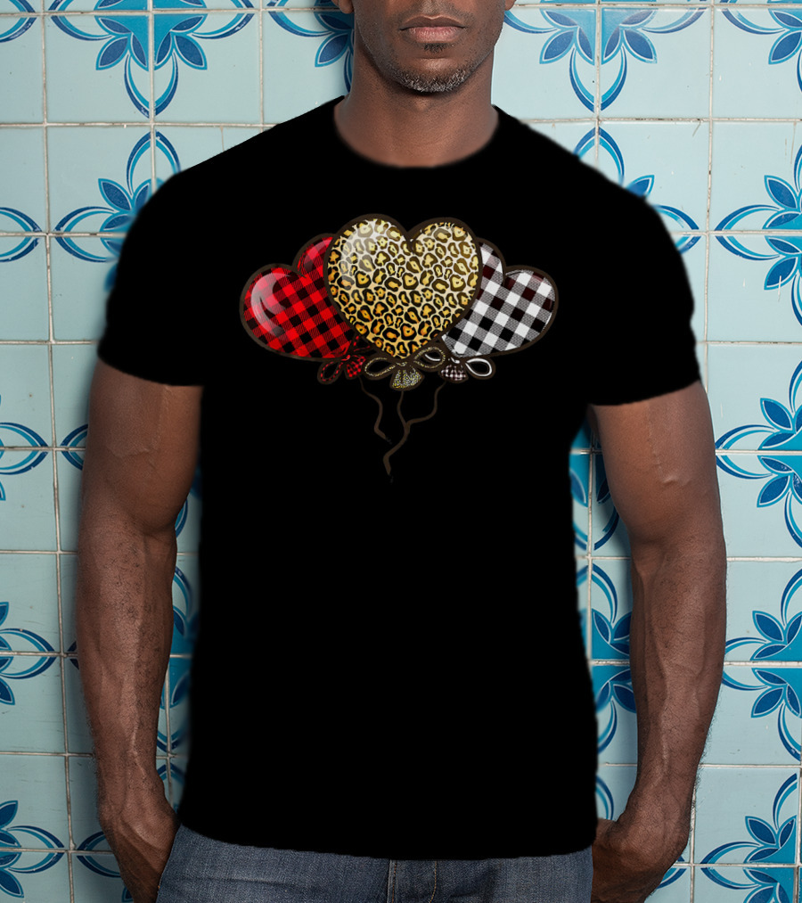 Three Balloons Hearts Buffalo Plaid Leopard T-Shirt