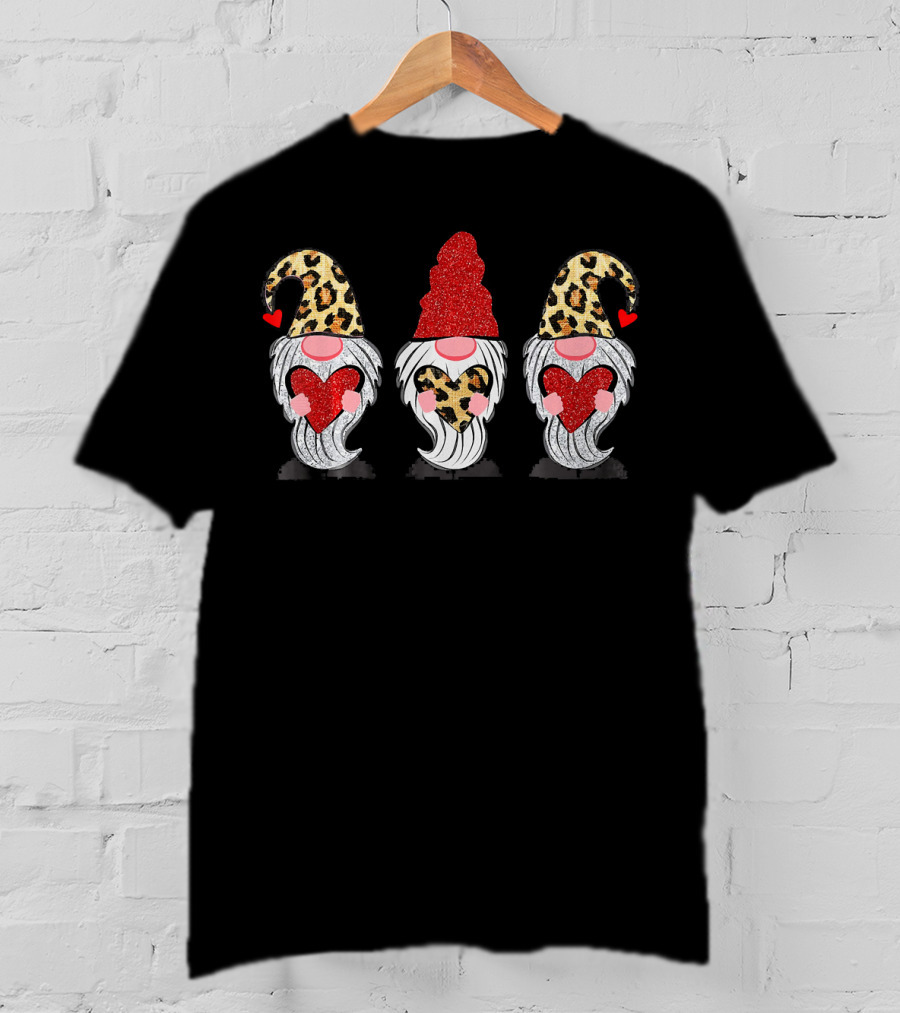 Three Gnomes With Leopard Hats And Glitter Hearts T-Shirt