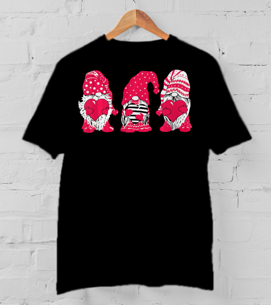 Three Pink Gnomes Holding Love Hearts Valentine T-Shirt