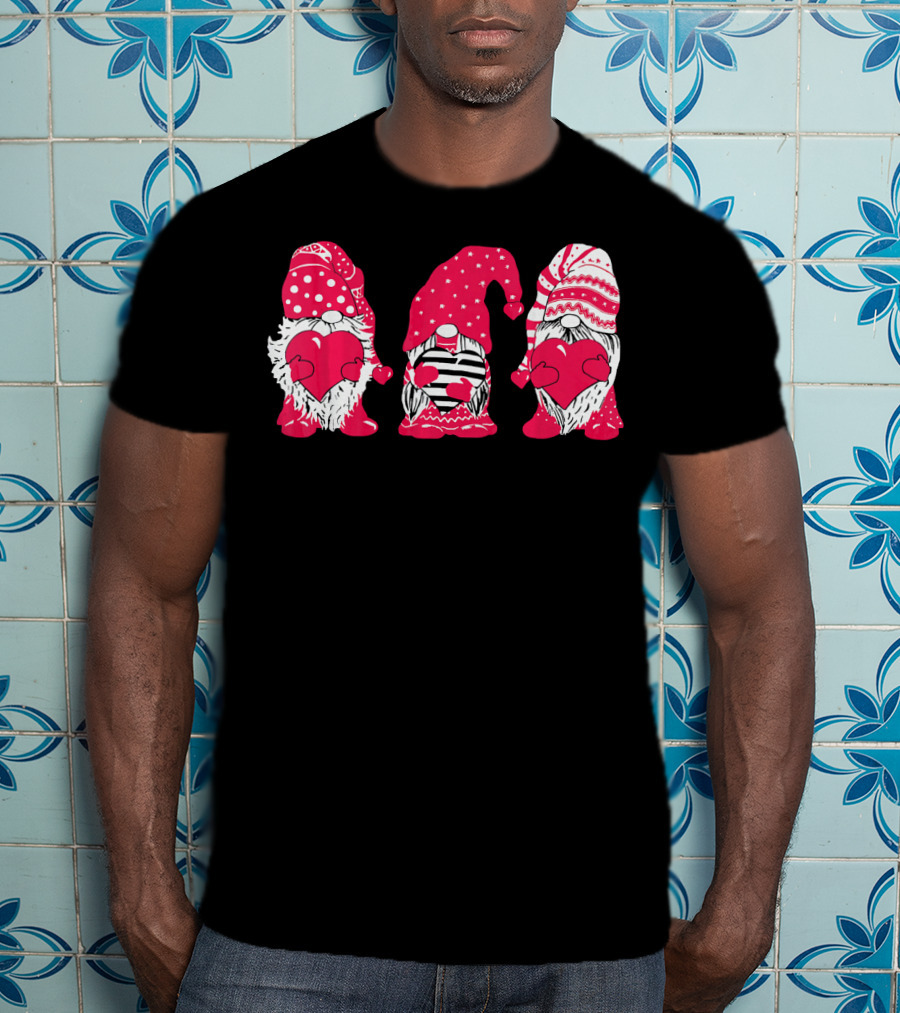 Three Pink Gnomes Holding Love Hearts Valentine T-Shirt