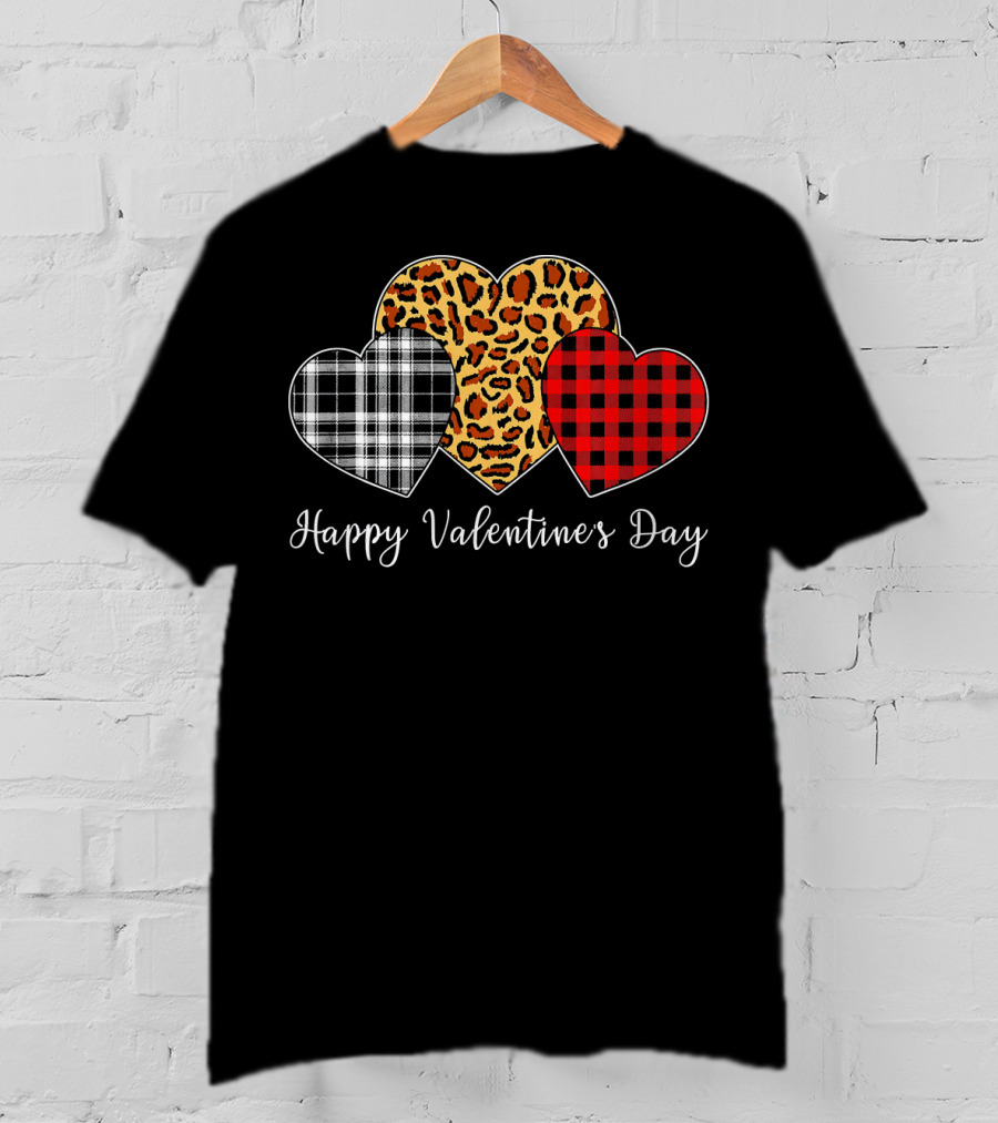Happy Valentine's Day Three Hearts Leopard Buffalo Plaid T-Shirt