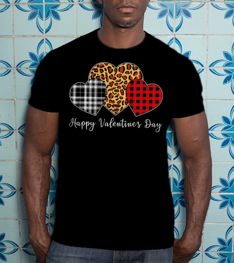 Happy Valentine's Day Three Hearts Leopard Buffalo Plaid T-Shirt