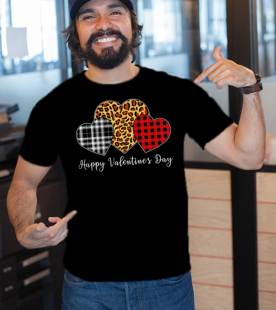 Happy Valentine's Day Three Hearts Leopard Buffalo Plaid T-Shirt