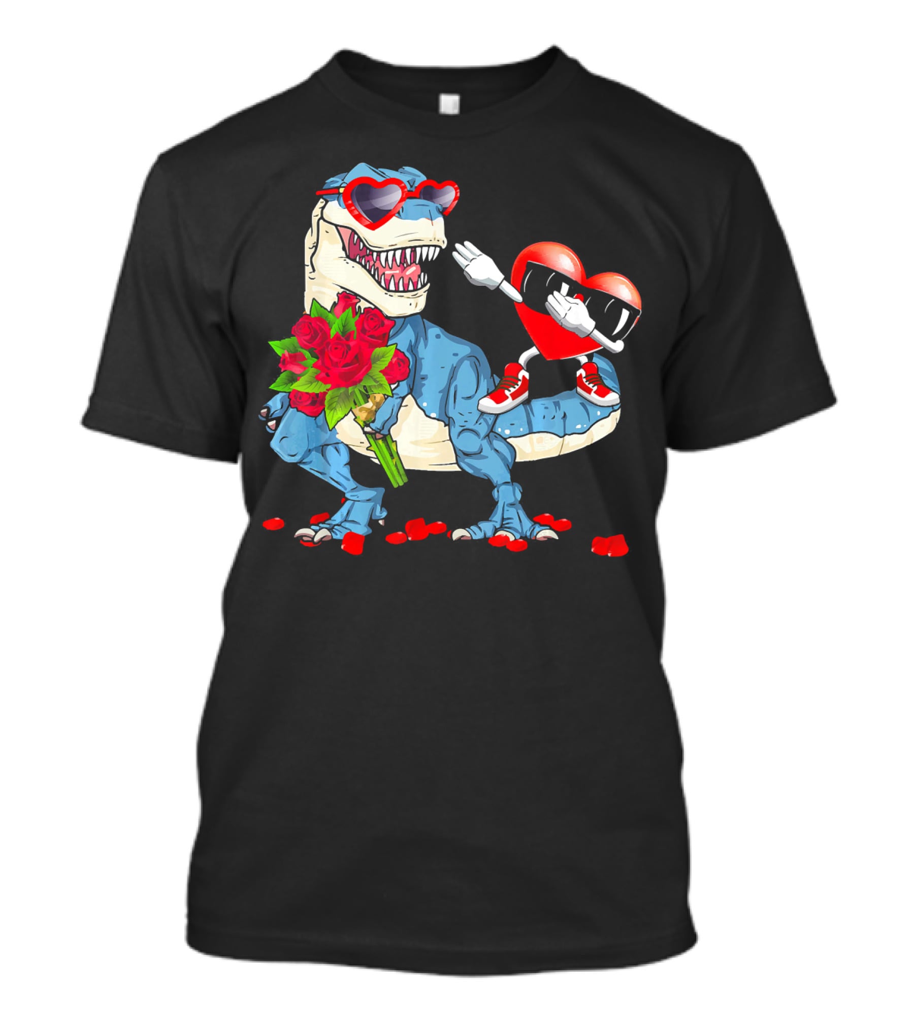 T Rex Dinosaur Heart Sunglasses Rose Bouquet Valentine Dabbing T-Shirt