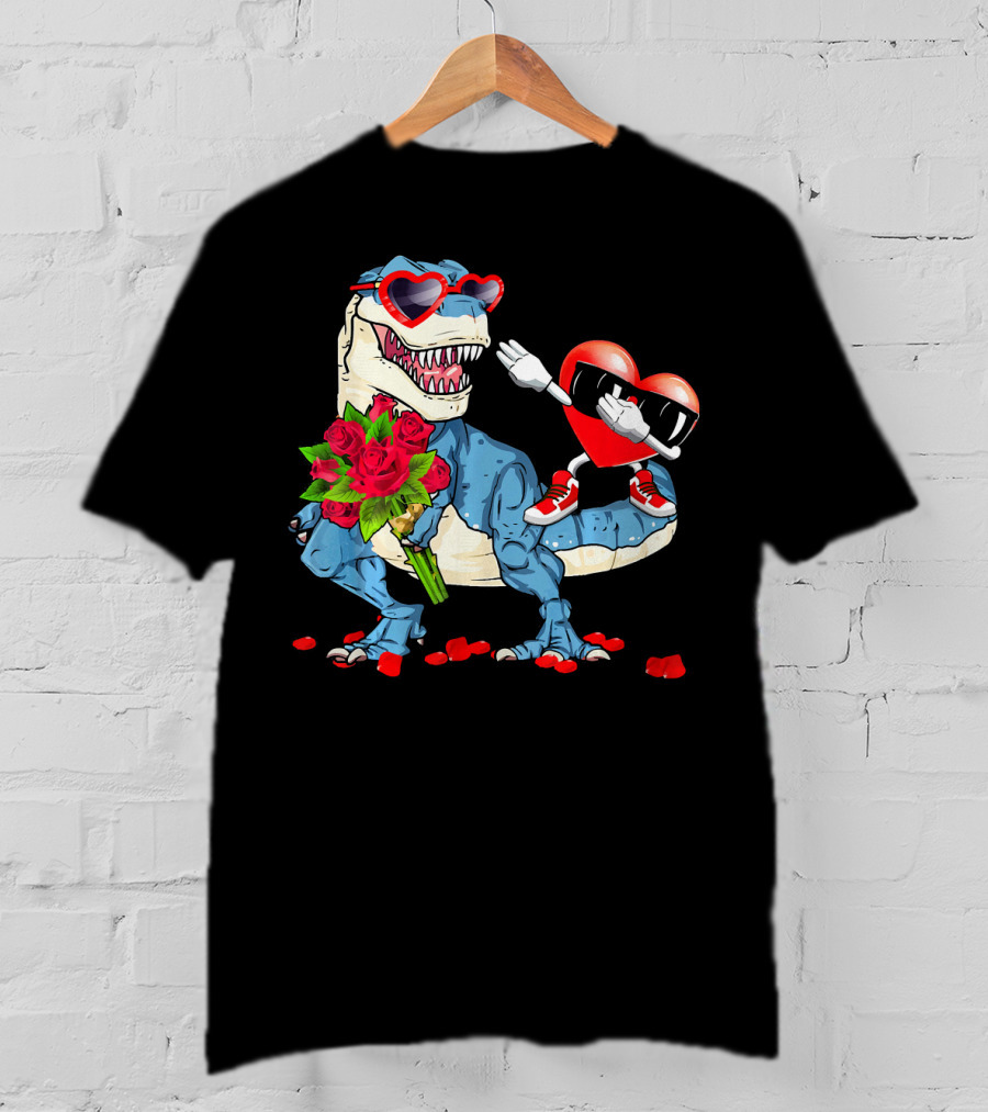 T Rex Dinosaur Heart Sunglasses Rose Bouquet Valentine Dabbing T-Shirt