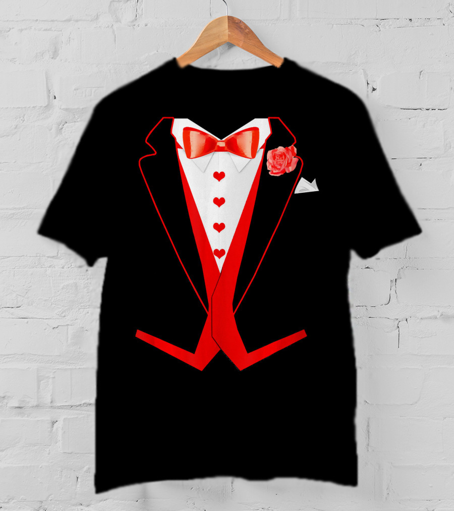 Tuxedo Red Hearts Cool Funny Valentines Bow Tie Rose T-Shirt