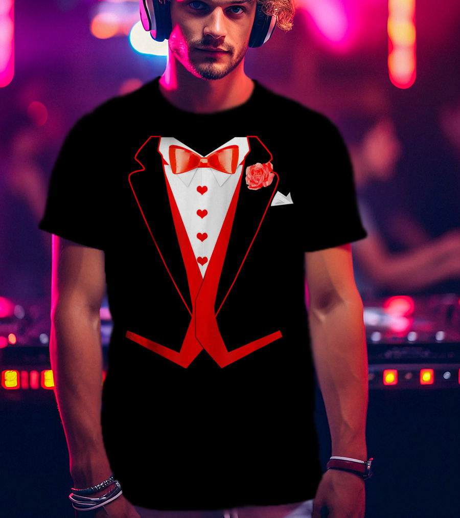 Tuxedo Red Hearts Cool Funny Valentines Bow Tie Rose T-Shirt