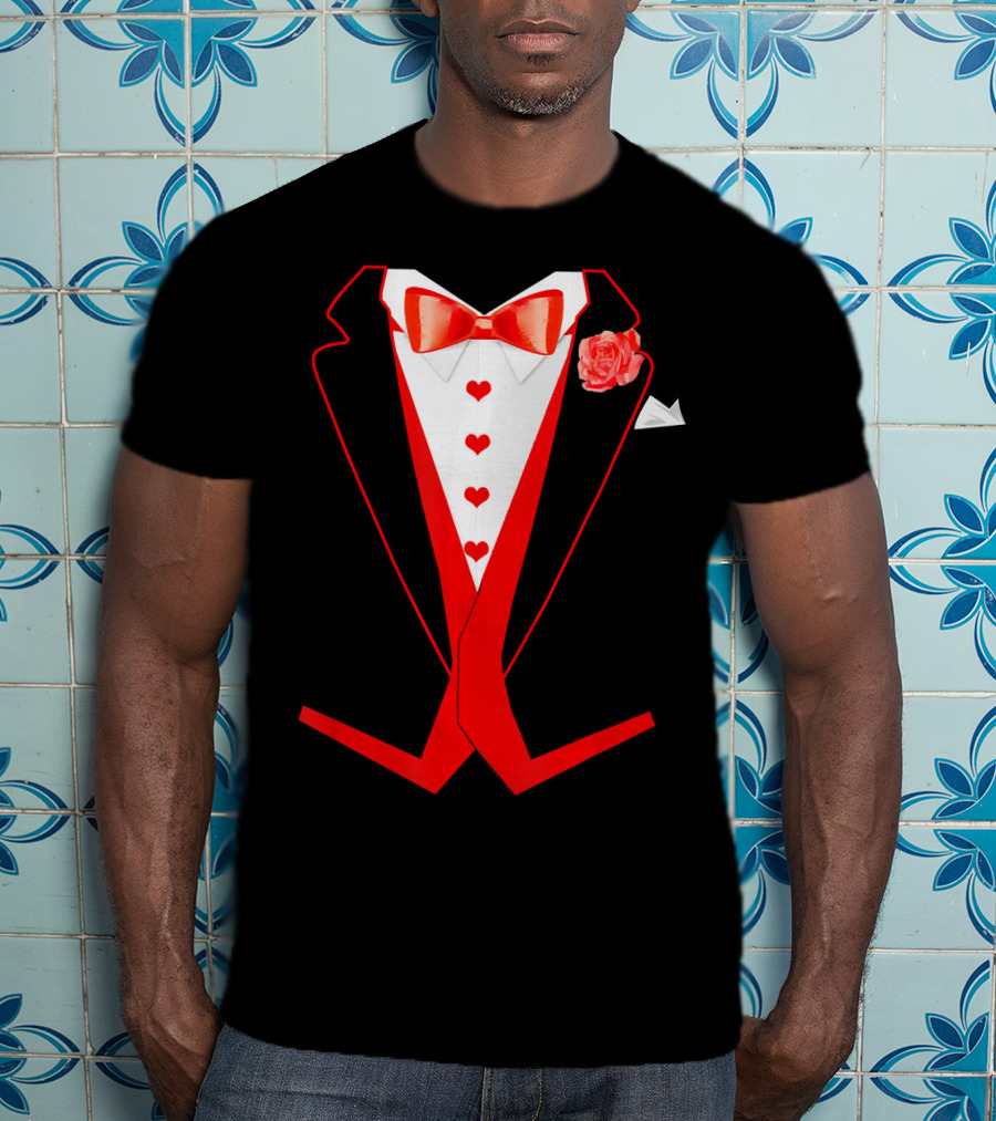 Tuxedo Red Hearts Cool Funny Valentines Bow Tie Rose T-Shirt