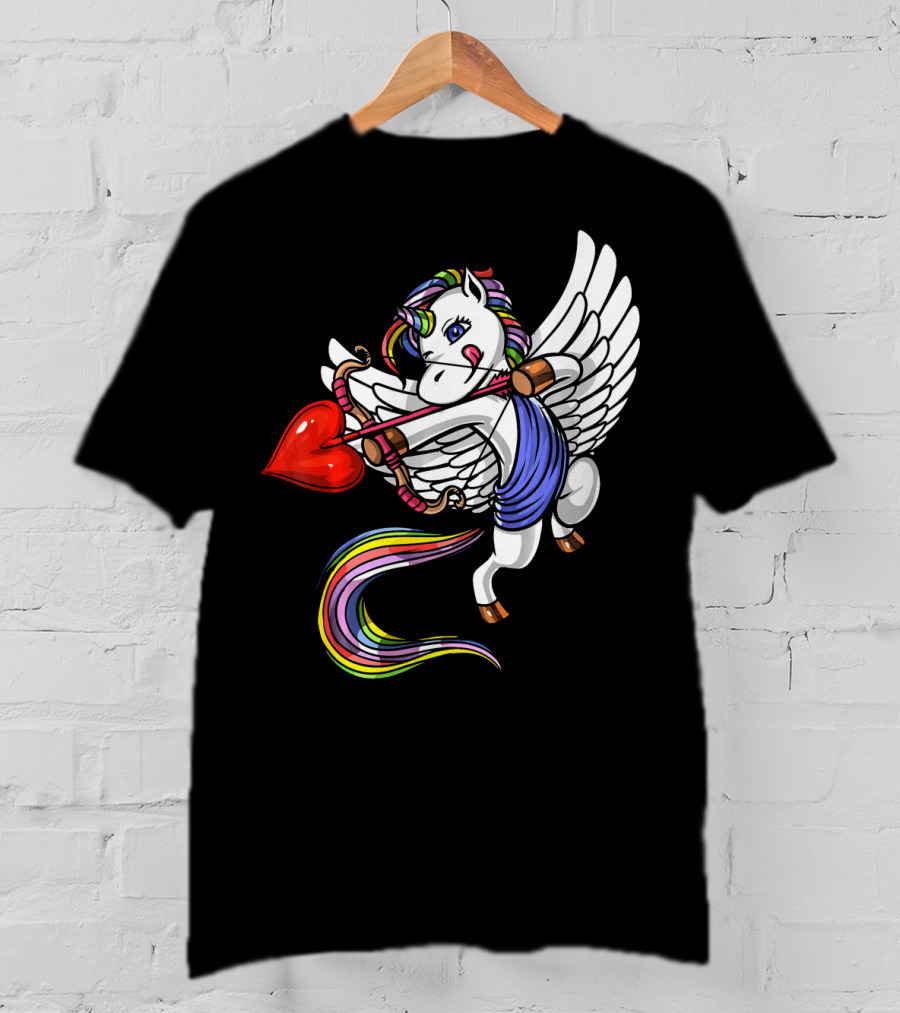 Unicorn Cupid Heart Valentines Day Rainbow Pegasus T-Shirt