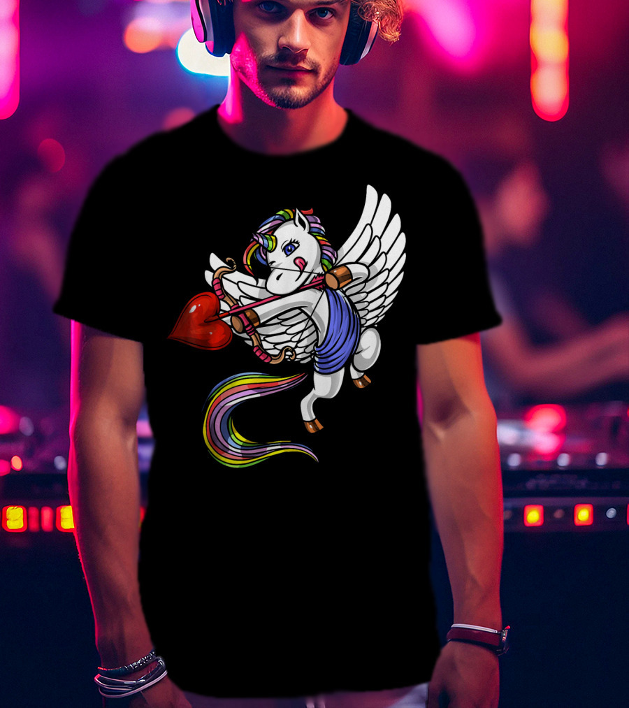 Unicorn Cupid Heart Valentines Day Rainbow Pegasus T-Shirt