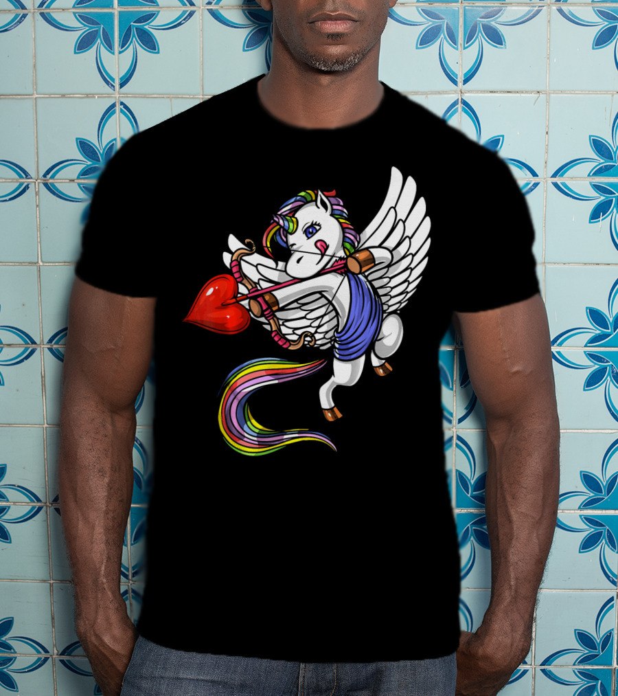 Unicorn Cupid Heart Valentines Day Rainbow Pegasus T-Shirt