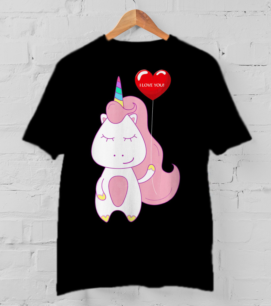 Unicorn Holding Heart Balloon With I Love You Message Valentine T-Shirt
