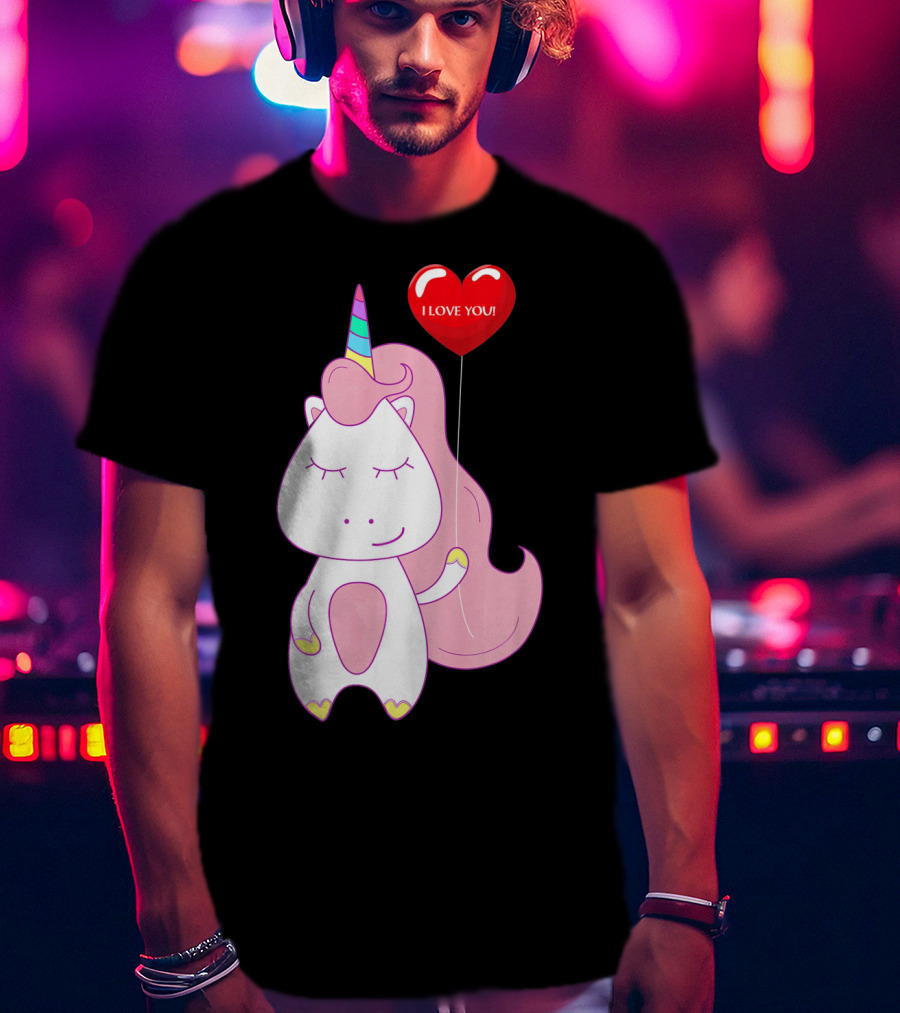 Unicorn Holding Heart Balloon With I Love You Message Valentine T-Shirt