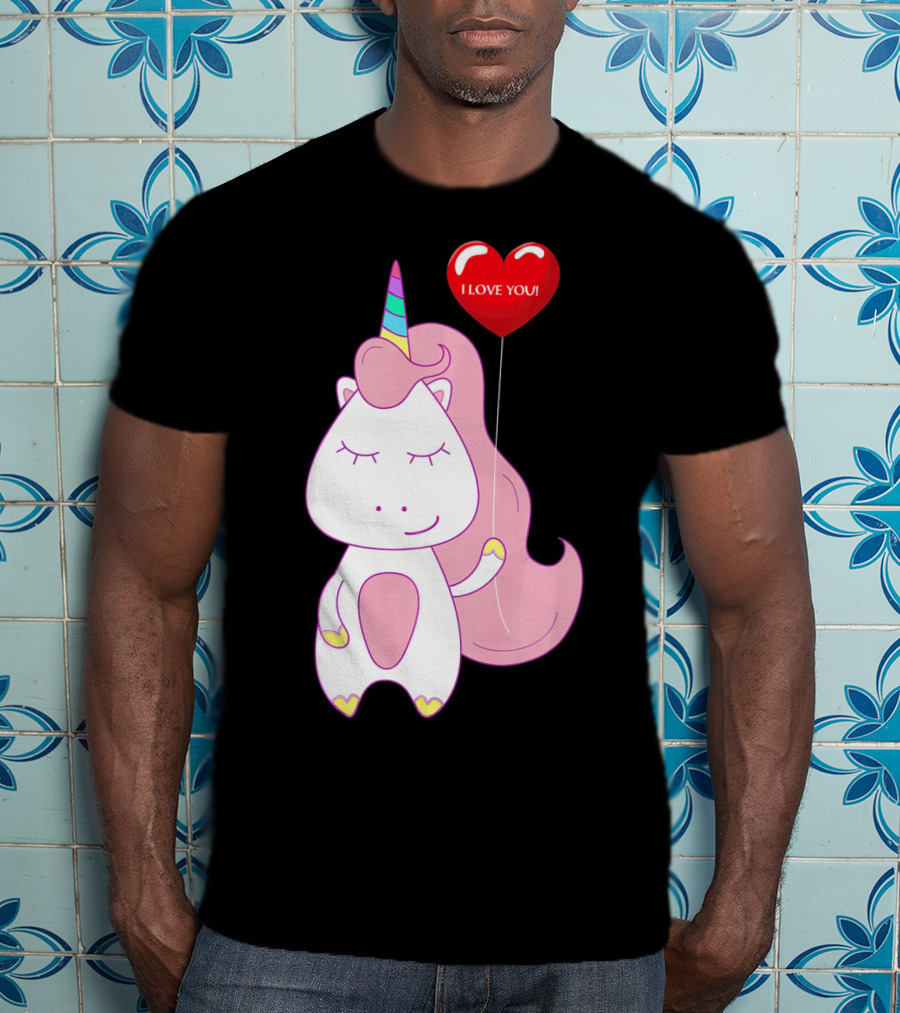 Unicorn Holding Heart Balloon With I Love You Message Valentine T-Shirt
