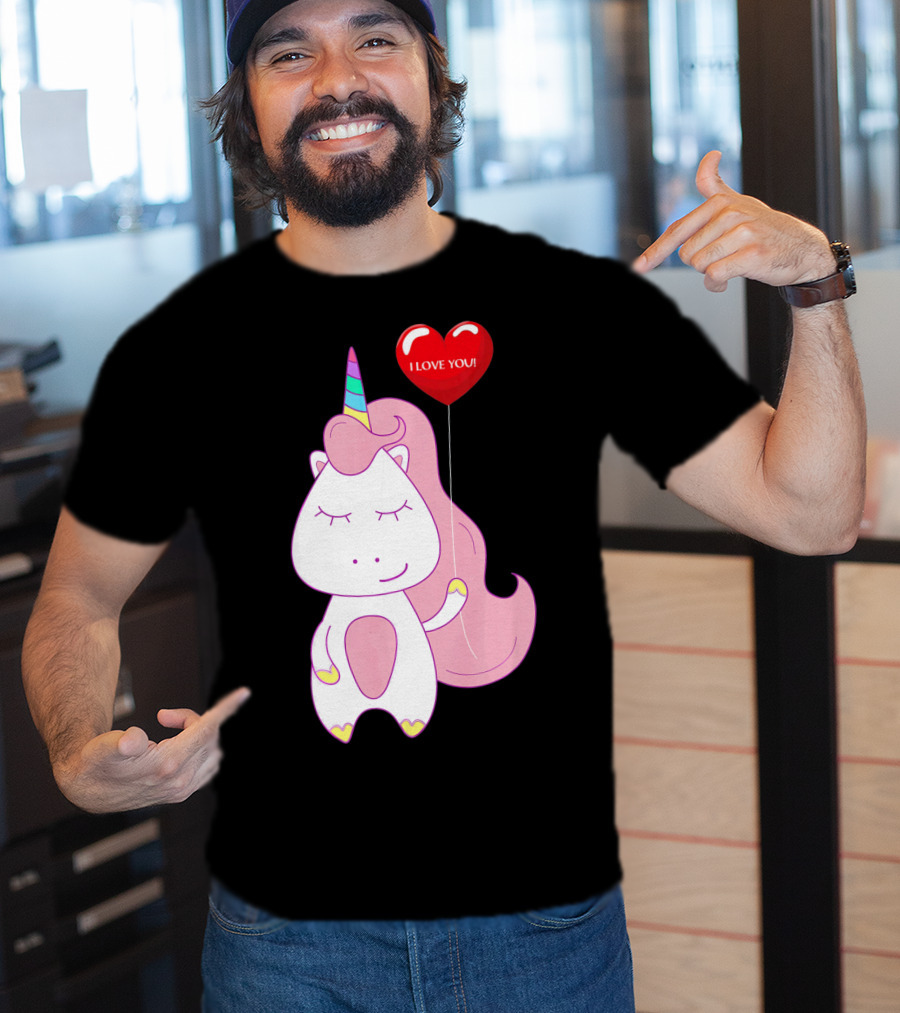 Unicorn Holding Heart Balloon With I Love You Message Valentine T-Shirt