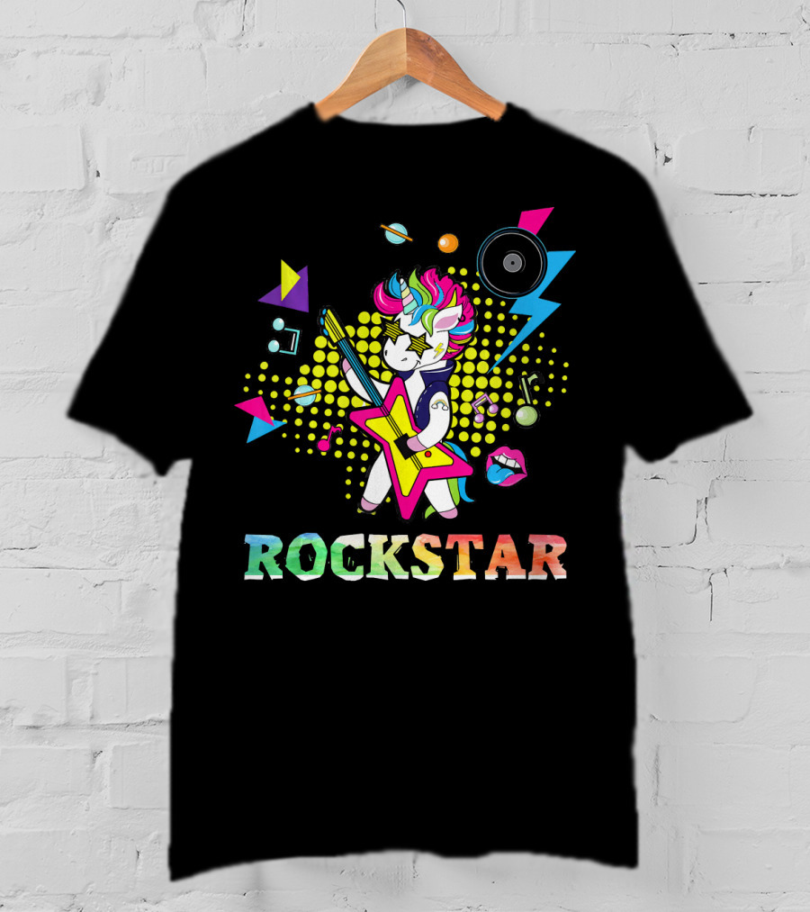 Unicorn Rock Star With Guitar Colorful Music Elements And Neon Symbols T-Shirt