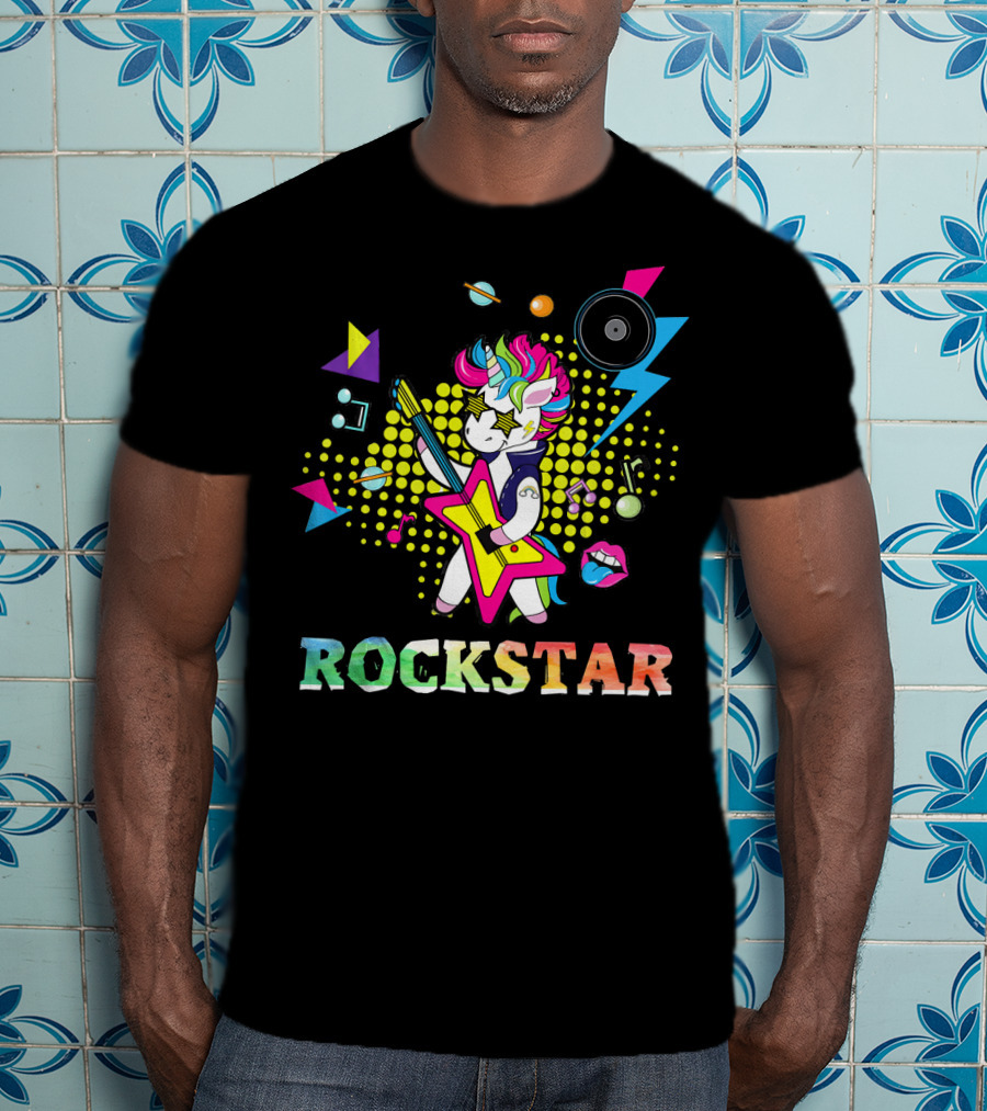 Unicorn Rock Star With Guitar Colorful Music Elements And Neon Symbols T-Shirt