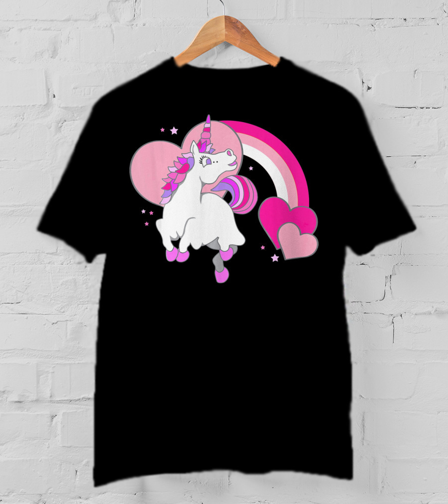 Unicorn Valentines Day Heart Rainbow Pink Stars T-Shirt