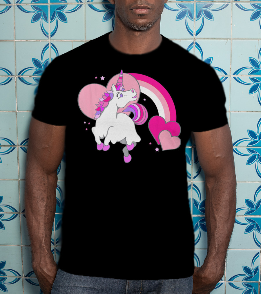 Unicorn Valentines Day Heart Rainbow Pink Stars T-Shirt