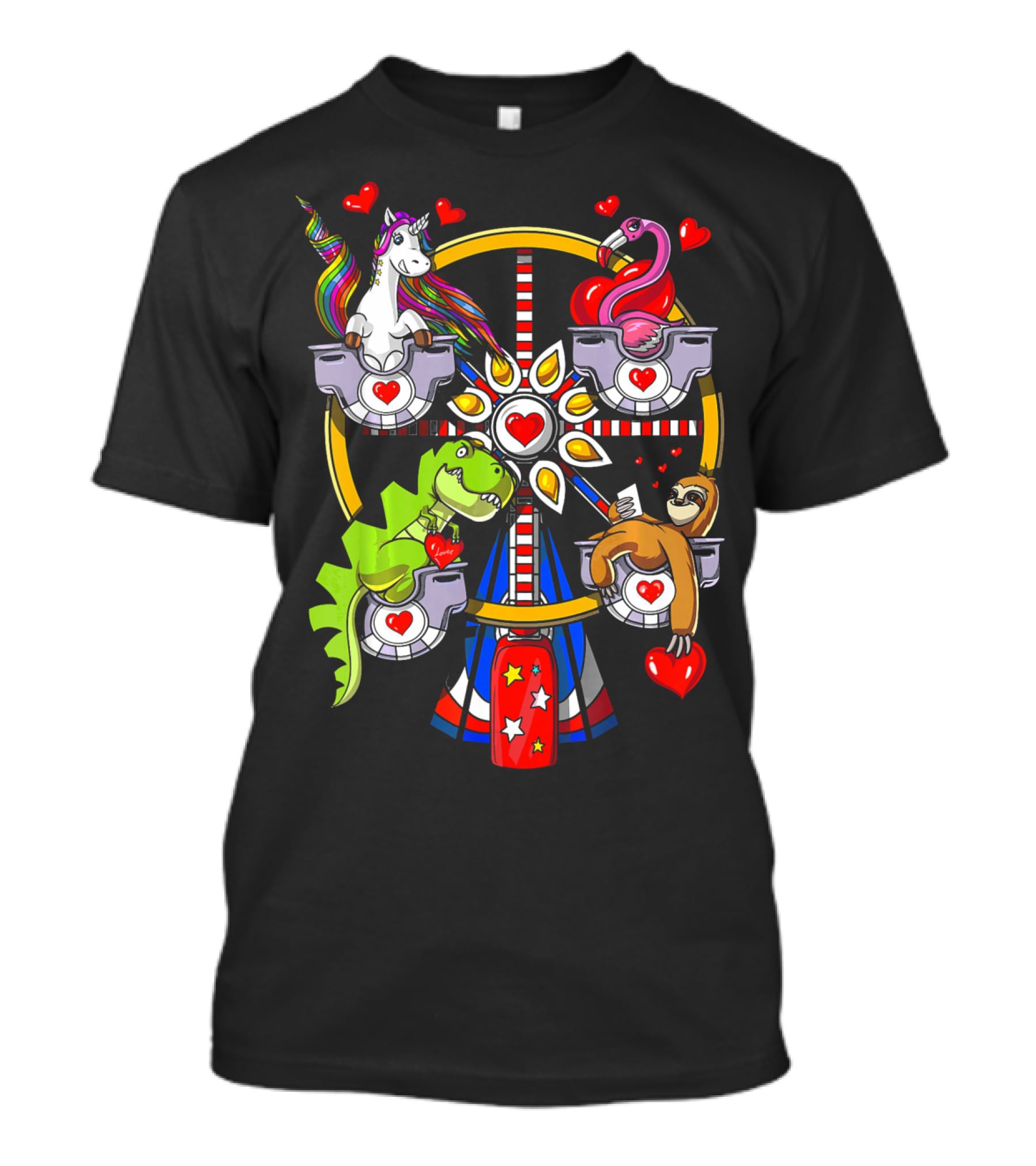Unicorn Rex Dinosaur Sloth Flamingo Ferris Wheel Love Hearts T-Shirt